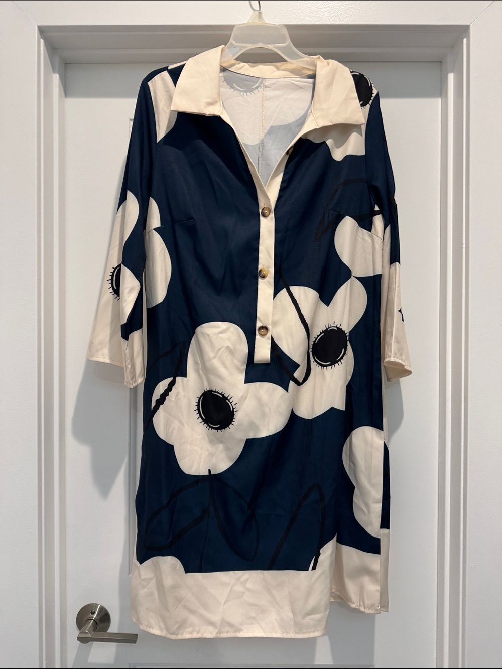 Navy and Cream Floral Button-Front Tunic Dress